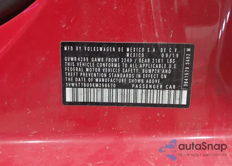 2019 Volkswagen Jetta Gli z USA, uszkodzony, nr VIN 3VW5T7BU9KM258570